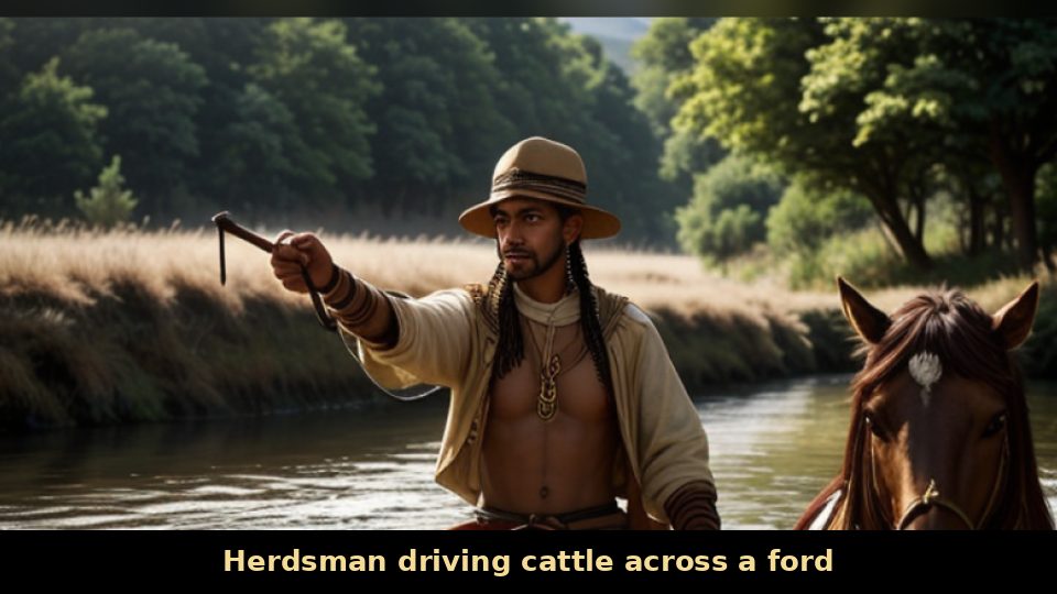 Herdsman driving cattle across a ford