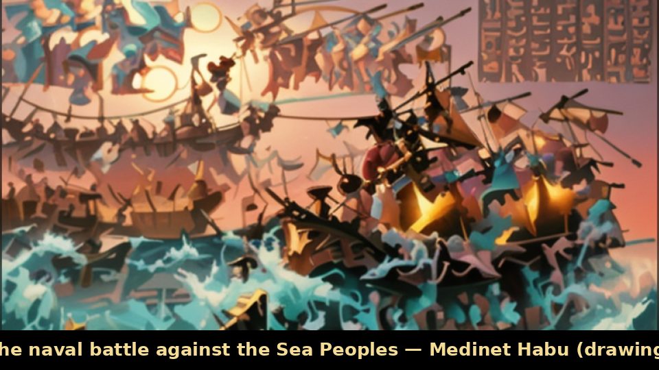 The naval battle against the Sea Peoples — Medinet Habu (drawing)