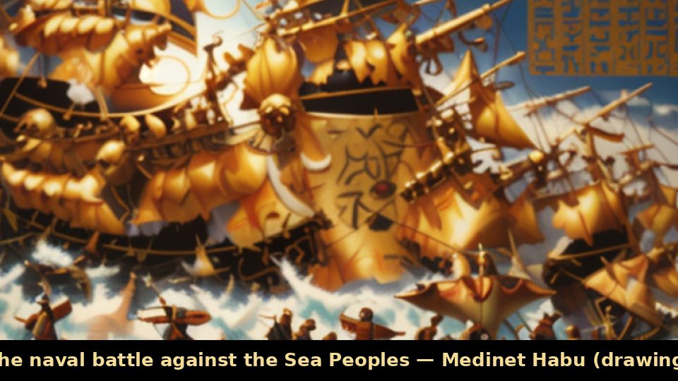 The naval battle against the Sea Peoples — Medinet Habu (drawing)