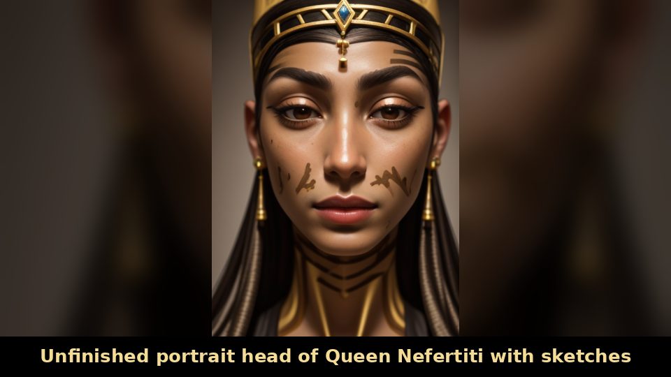 Unfinished portrait head of Queen Nefertiti with sketches