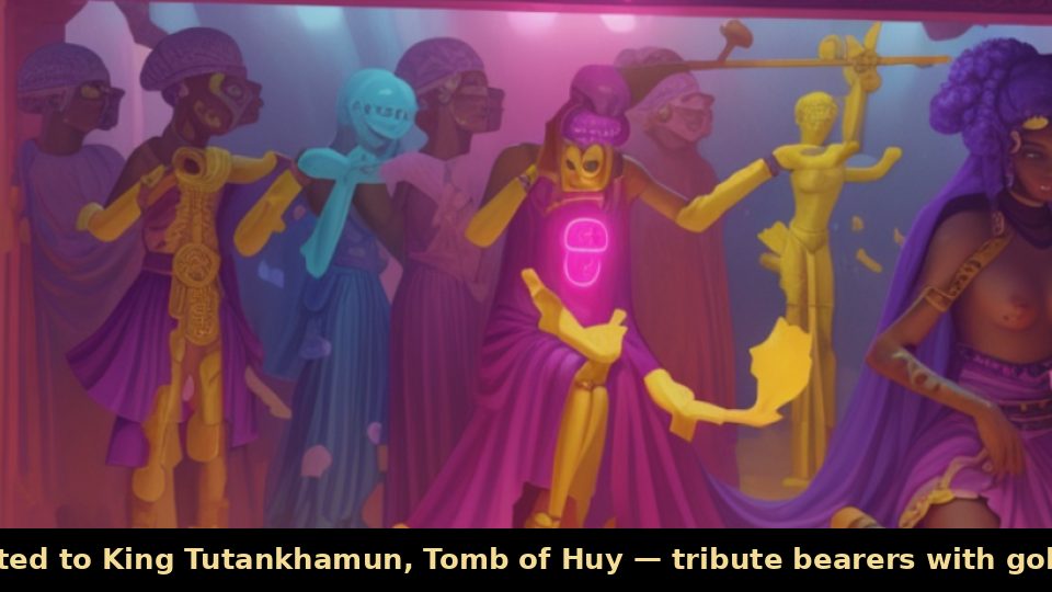 Nubian Tribute Presented to King Tutankhamun, Tomb of Huy — tribute bearers with gold rings, kneeling chief