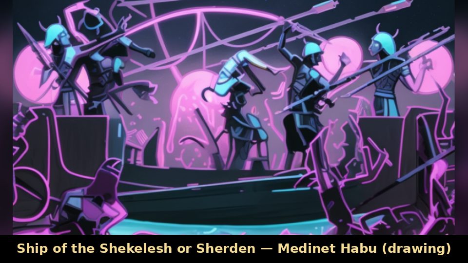 Ship of the Shekelesh or Sherden — Medinet Habu (drawing)