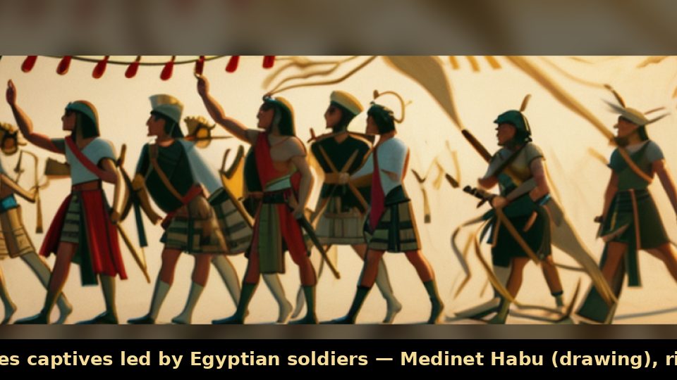 Sea Peoples captives led by Egyptian soldiers — Medinet Habu (drawing), right group
