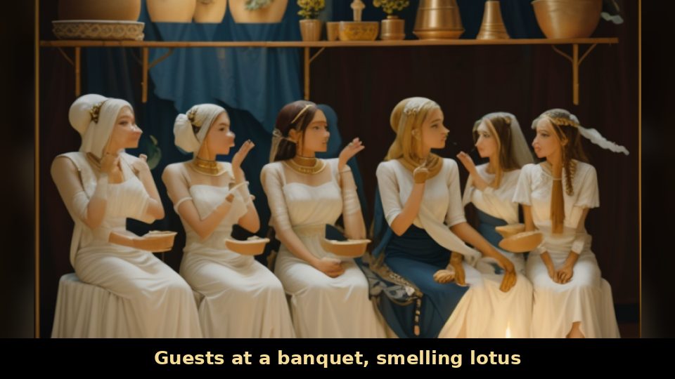 Guests at a banquet, smelling lotus
