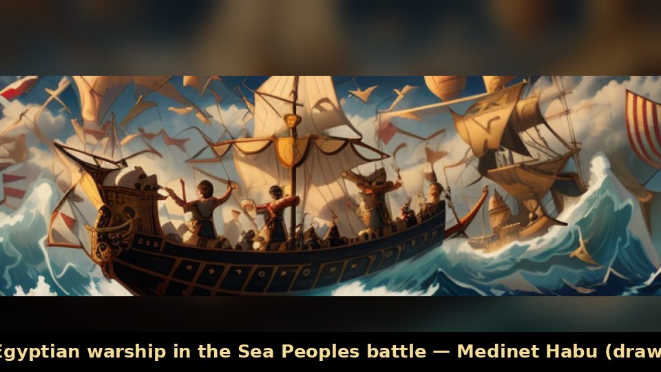 An Egyptian warship in the Sea Peoples battle — Medinet Habu (drawing)