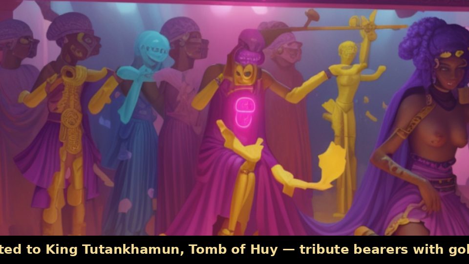 Nubian Tribute Presented to King Tutankhamun, Tomb of Huy — tribute bearers with gold rings, kneeling chief