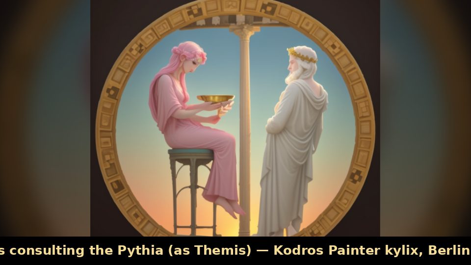 Aegeus consulting the Pythia (as Themis) — Kodros Painter kylix, Berlin F2538