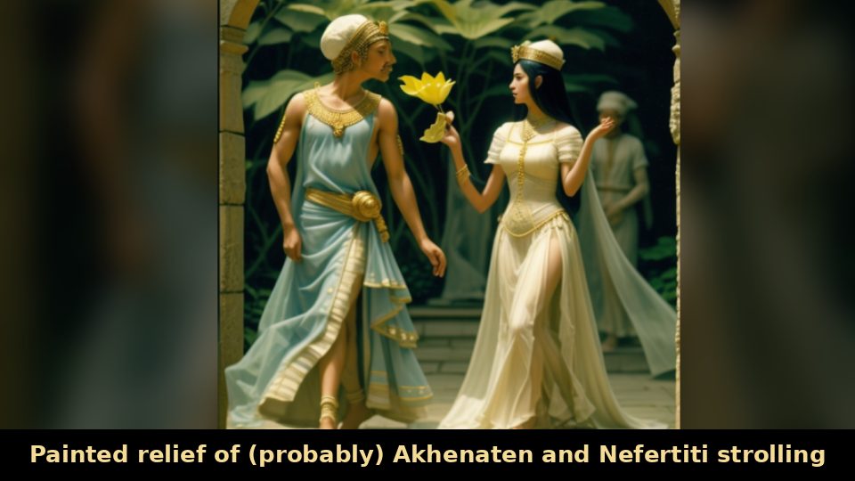 Painted relief of (probably) Akhenaten and Nefertiti strolling