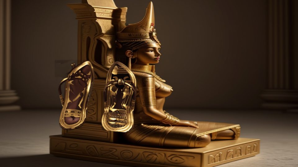 Nine bows sandals — Sais neith seated bronze
