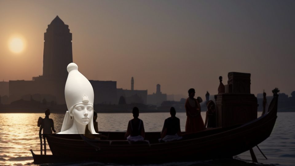 Hedjet white crown — Nile funeral of a mummy