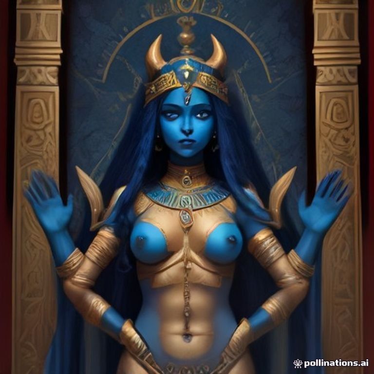 the Egyptian goddess Hathor portrayed in the divine iconography of Kali, blue skin, many arms, garland, devotional templ