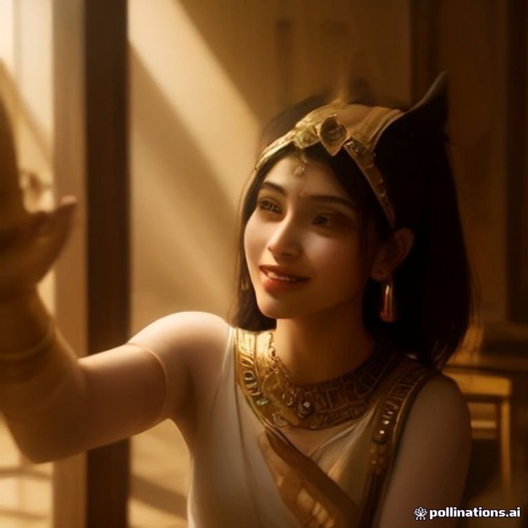 a joyful person taking a smartphone selfie with the Egyptian goddess Hathor, warm golden light, candid