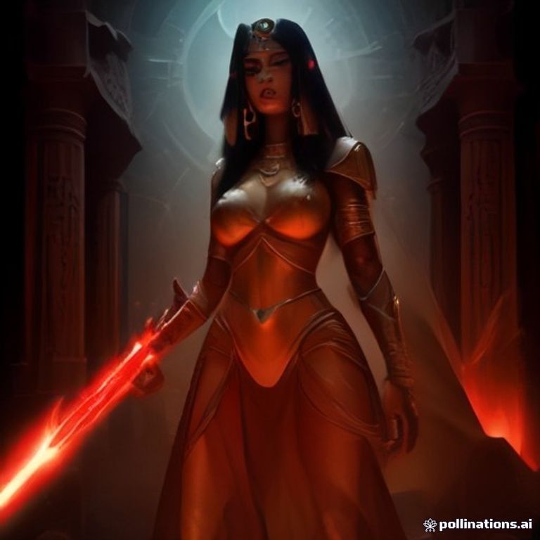 the Egyptian goddess Hathor as a heroic space knight holding a glowing laser sword, sci-fi temple
