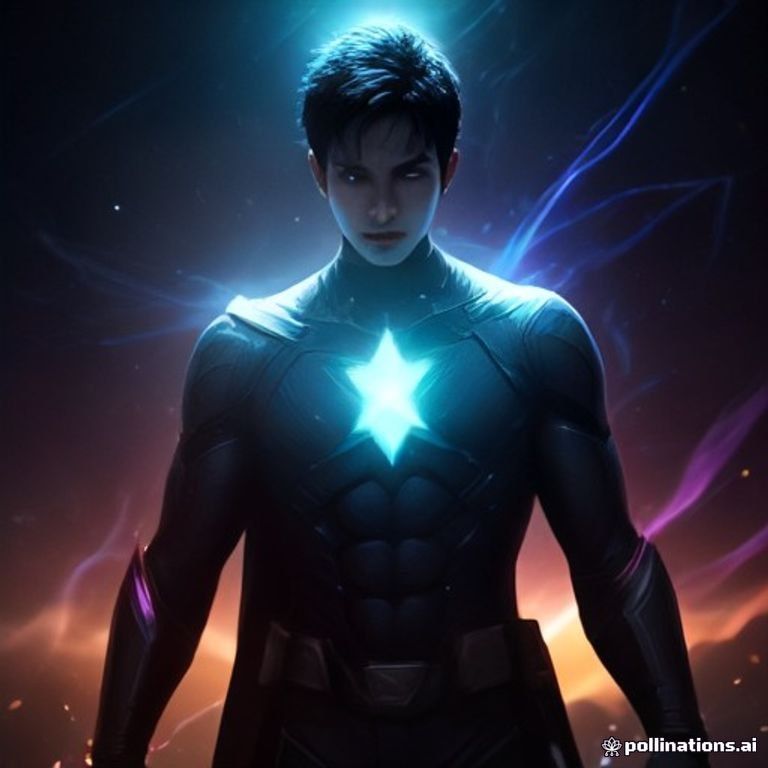an ordinary young man transformed into a glowing cosmic superhero, energy aura, dynamic heroic pose, cinematic key art, 
