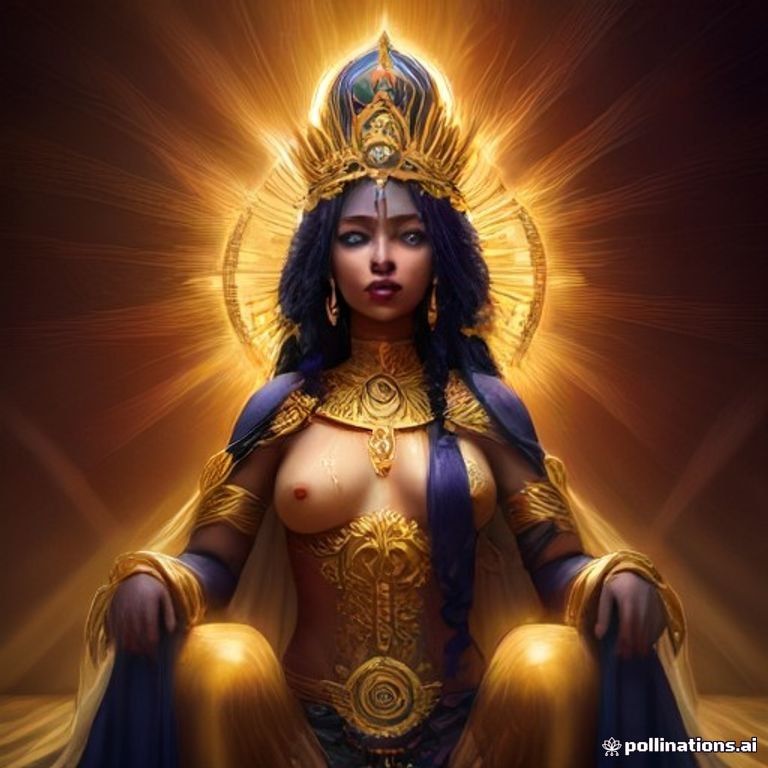 a woman transformed into a radiant Kemetic goddess, gold and lapis regalia, glowing ankh, sun disk crown, dramatic studi