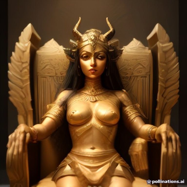 this same winged horned goddess reimagined as a golden pharaoh on a throne, keep her face and VR headset and horns, cine