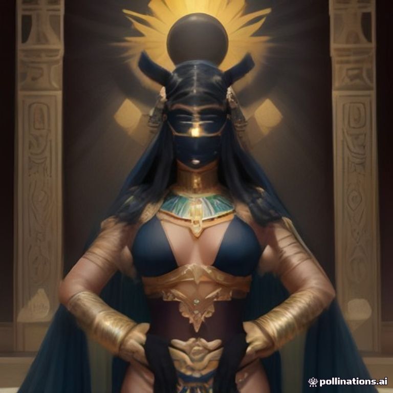 the goddess Hathor-Mehit, an Egyptian oracle wearing a sleek dark VR headset visor over her eyes, tall curved ram horns 