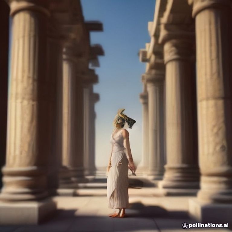 standing in an ancient Egyptian temple hall at golden hour, monumental hieroglyph columns, cinematic, keep her VR headse