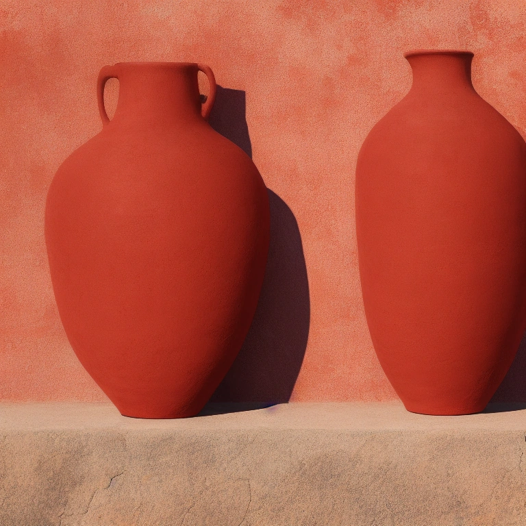 a photorealistic red clay amphora on a stone table at golden hour