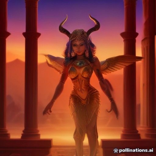 the Egyptian goddess Hathor with curling ram horns and feathered wings, golden collar, standing before a sandstone templ
