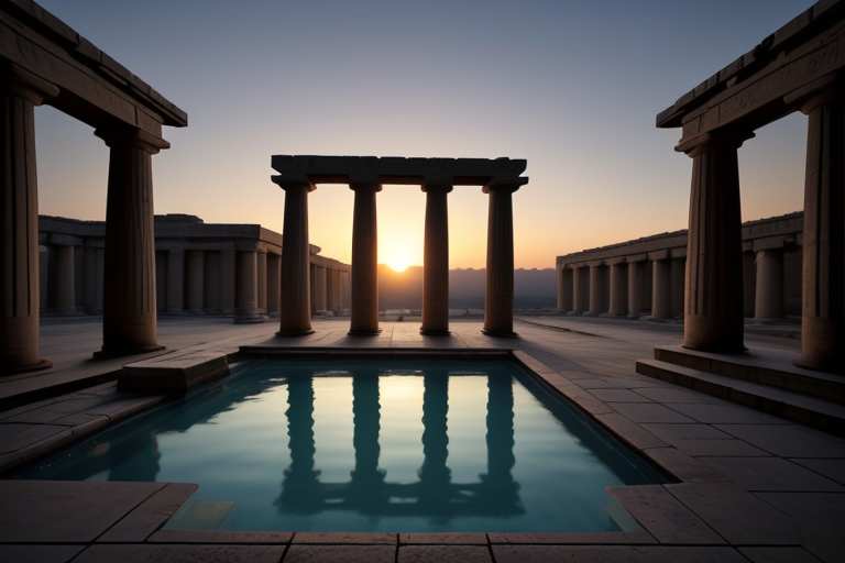 realistic ancient Egyptian temple courtyard at sunset, lotus pool, incense smoke