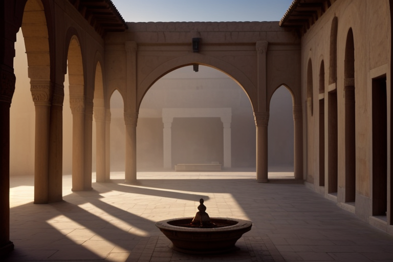 a Nubian palace courtyard at dawn, incense smoke, realistic