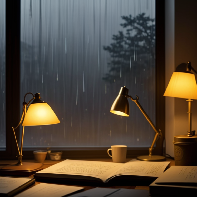 A writer's desk at night, rain running down the dark window, lamps lit over a stack of manuscript pages