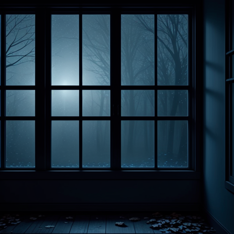 An October night seen from a dark room — bare trees and fog beyond the window, fallen leaves on the floor