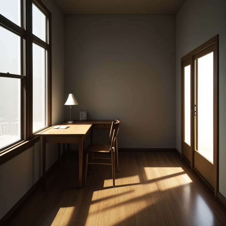 An empty room — a plain desk and chair in late autumn light, long shadows across the floor
