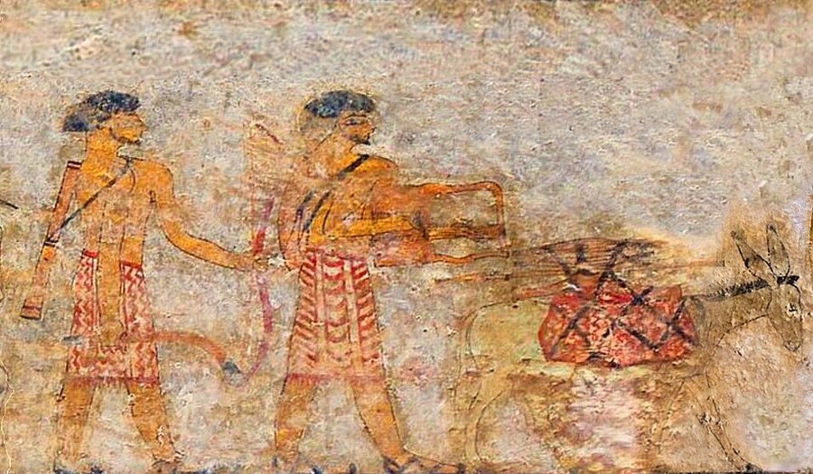 Procession of the Aamu: men with bow and lyre and a pack donkey — Beni Hasan — original