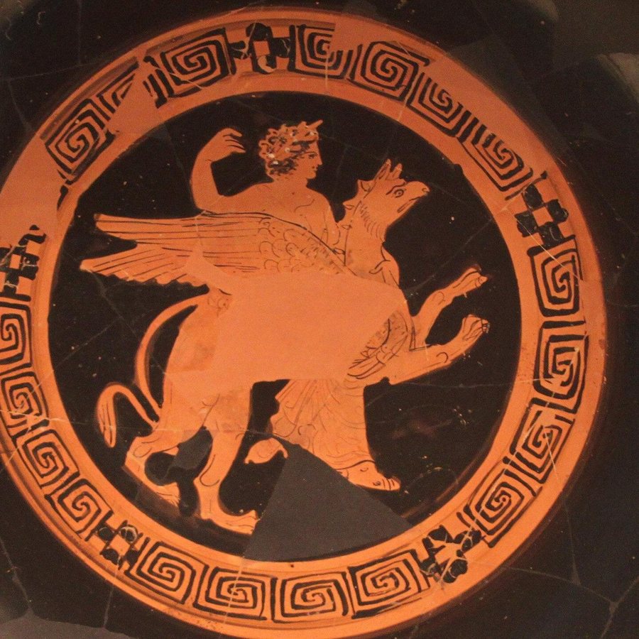 Apollo riding a griffin — Attic red-figure kylix, c. 380 BC (Getty Villa) — original