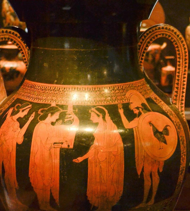 Apollo with the kithara between Artemis and Leto — Attic bilingual amphora (Madrid) — original