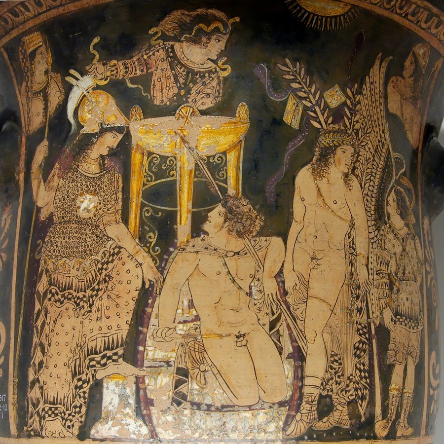 Orestes at Delphi — Paestan red-figure bell-krater by Python (British Museum 1917.12-10.1) — original