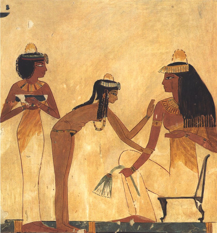 Servant girl adjusting a guest's earring — original