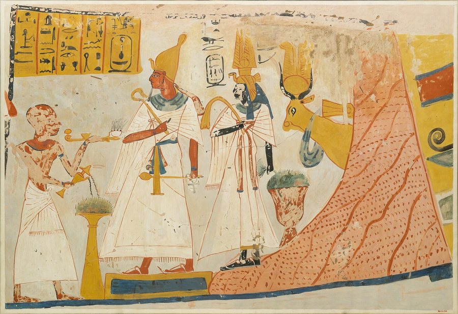 Offering to the deified Mentuhotep and Ahmose-Nefertari, with the Hathor cow — original