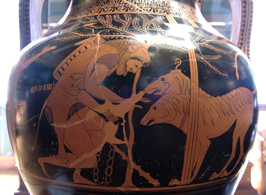Herakles leads Kerberos from the Underworld — original