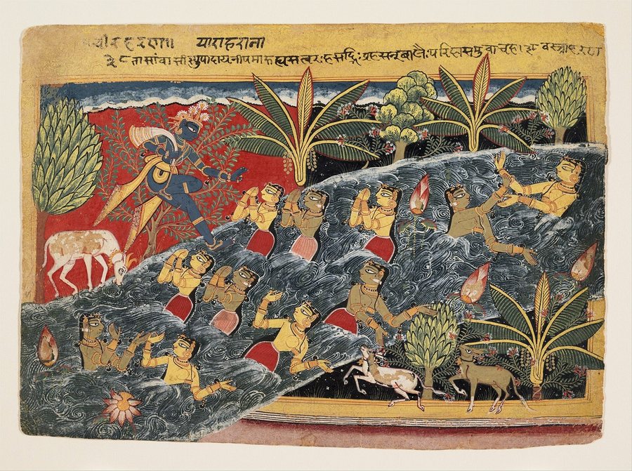 The gopis plead with Krishna to return their clothes — original