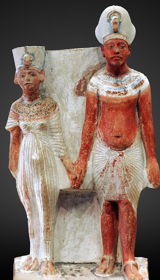 Akhenaten and Nefertiti, painted limestone statuette — original