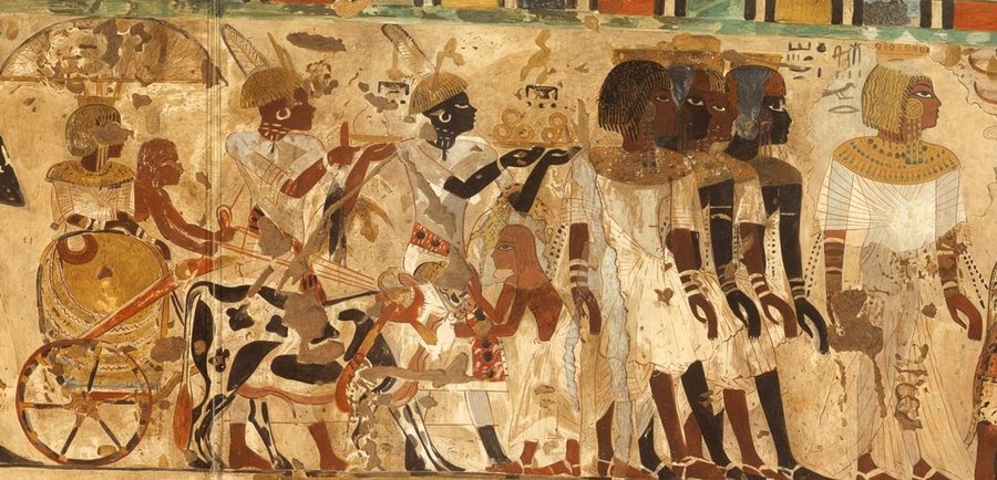 Nubian Tribute Presented to King Tutankhamun, Tomb of Huy — the Nubian princess in her ox-drawn chariot — original