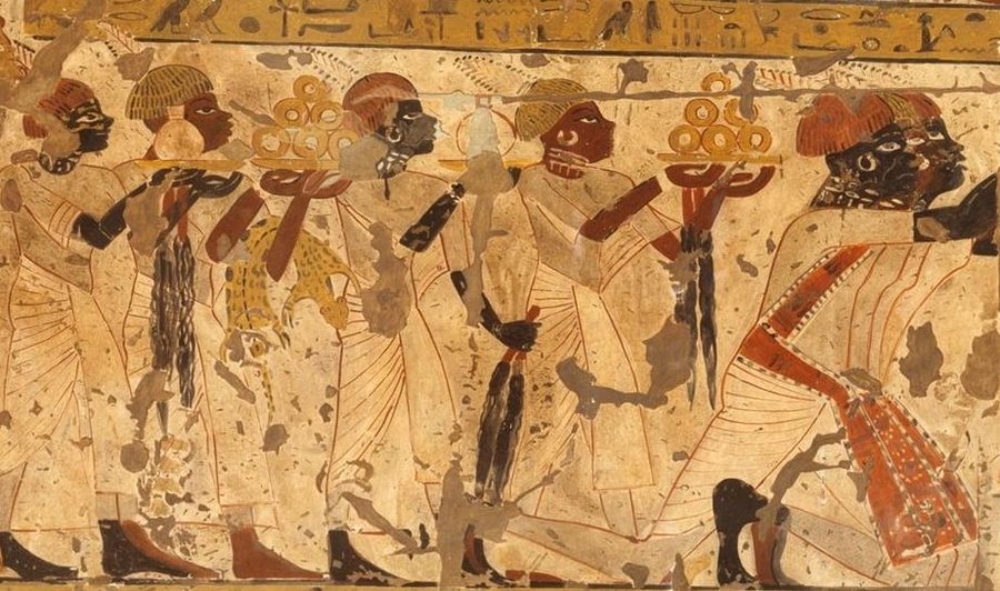 Nubian Tribute Presented to King Tutankhamun, Tomb of Huy — tribute bearers with gold rings, kneeling chief — original