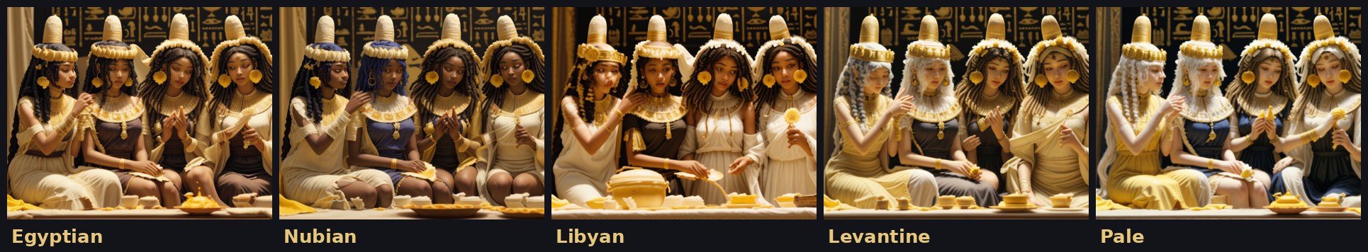 The same banquet in five peoples: Egyptian, Nubian, Libyan, Levantine, pale