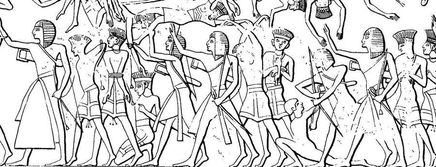 Sea Peoples captives led by Egyptian soldiers — Medinet Habu (drawing), left group — original