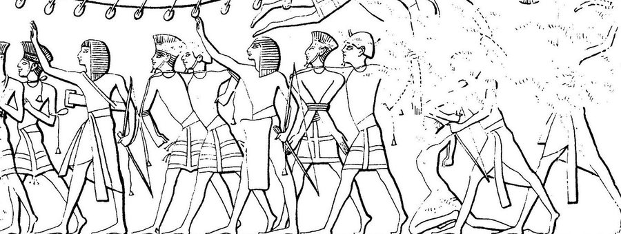 Sea Peoples captives led by Egyptian soldiers — Medinet Habu (drawing), right group — original