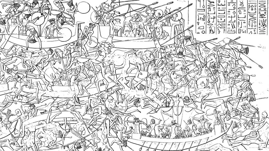 The naval battle against the Sea Peoples — Medinet Habu (drawing) — original