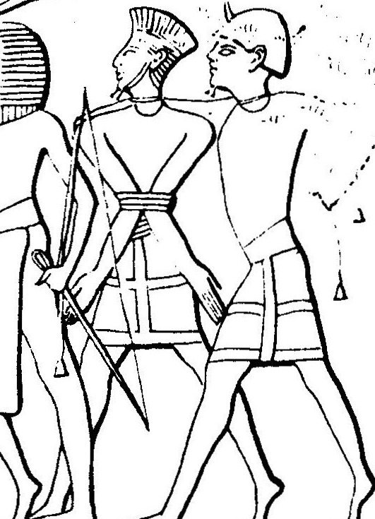 A Peleset / Sherden prisoner led by an Egyptian soldier — Medinet Habu — original