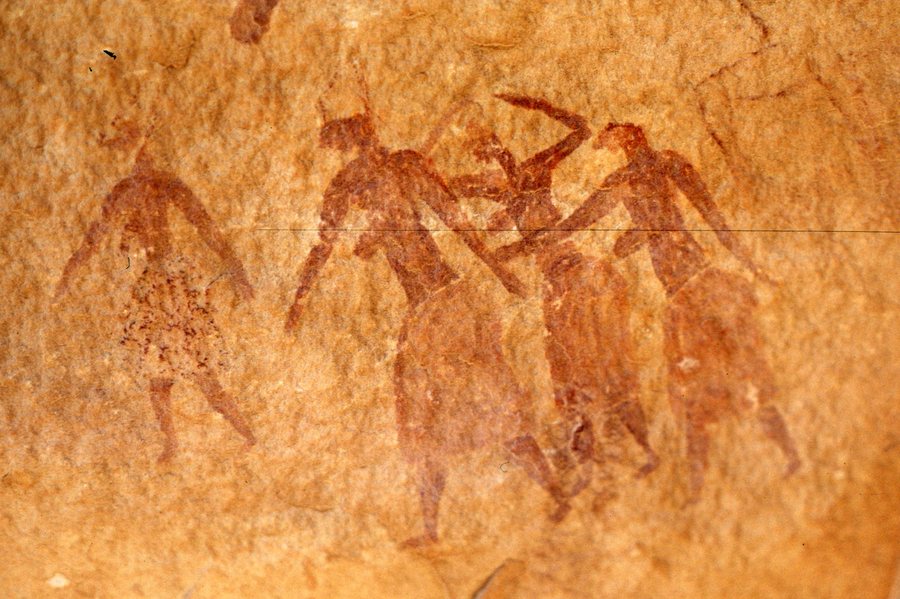 Group of figures in skirts (Tassili rock painting) — original